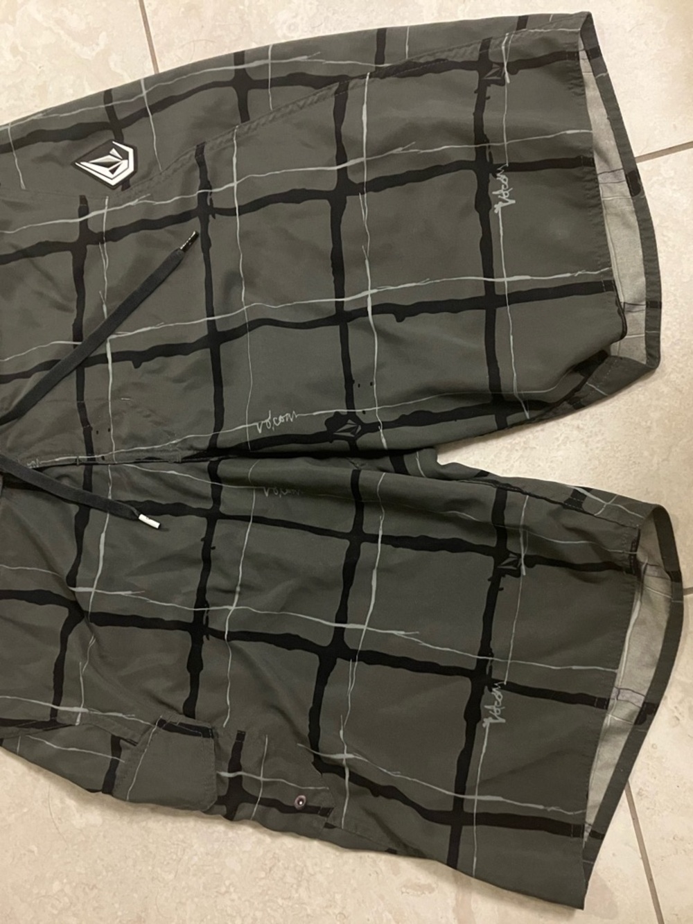 Volcom Olive and Black Plaid Swim Shorts